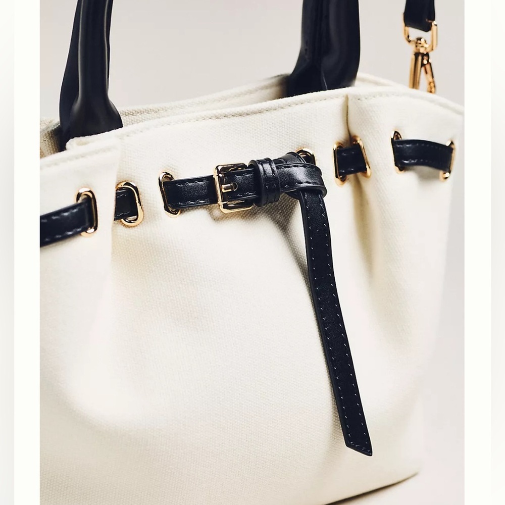 Anthropologie Mini Canvas Belted Tote White Handbag - Picture 2 of 3